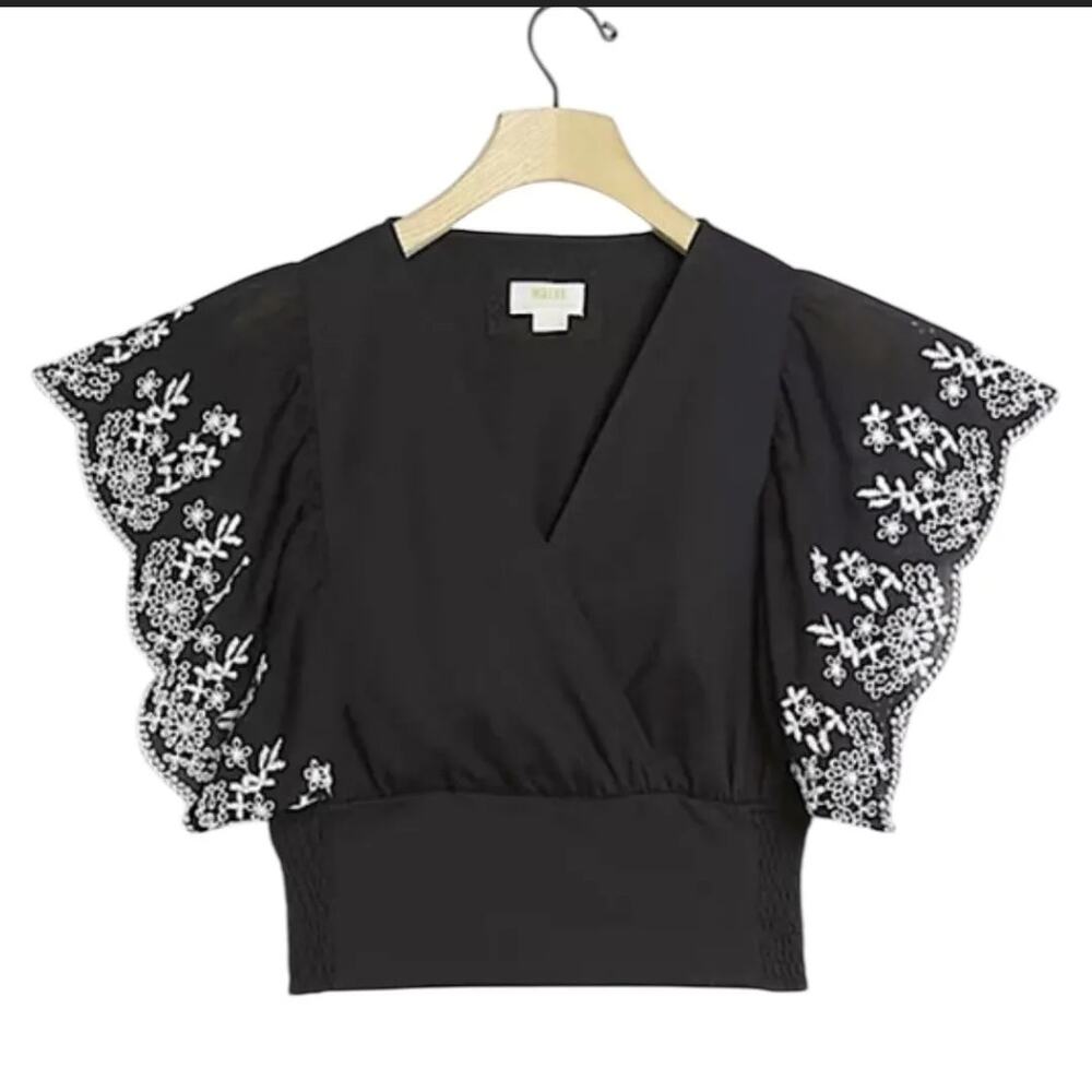 Maeve Anthropologie Black Tavi Embroidered Top NWT